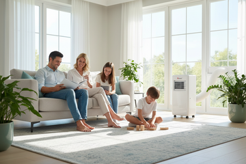 aire acondicionado portátil y deshumidificador en sala moderna, luz suave y fresca