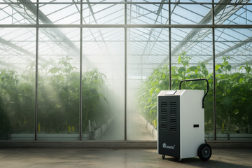 Deshumidificador industrial controlando la humedad en invernadero con plantas verdes