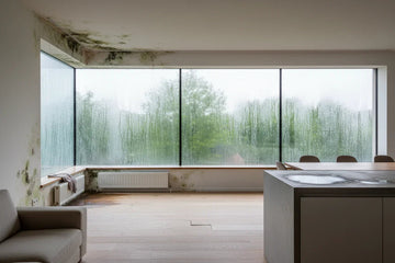 Sala moderna con ventanas empañadas y moho, signos de problemas de humedad en el hogar.