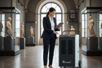 deshumidificador y aire acondicionado portátil en sala moderna con luz natural suave