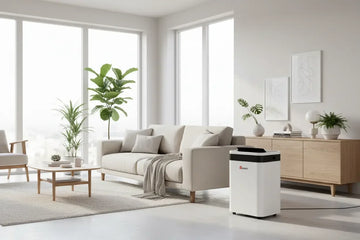 Deshumidificador en sala moderna y luminosa, junto a sofá, plantas y muebles claros