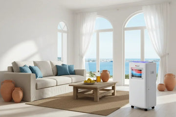 Deshumidificador portátil blanco en sala luminosa con sofá, mesa y vista al mar