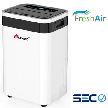 Deshumidificador eléctrico blanco con panel digital y ruedas, ideal para climatización eficiente.