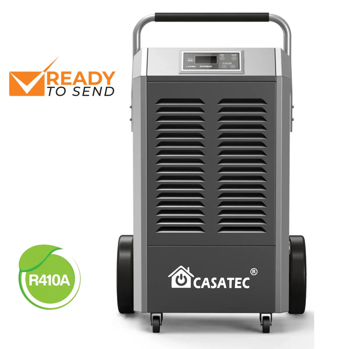 Deshumidificador industrial portátil gris con ruedas y panel digital, gas ecológico R410A.