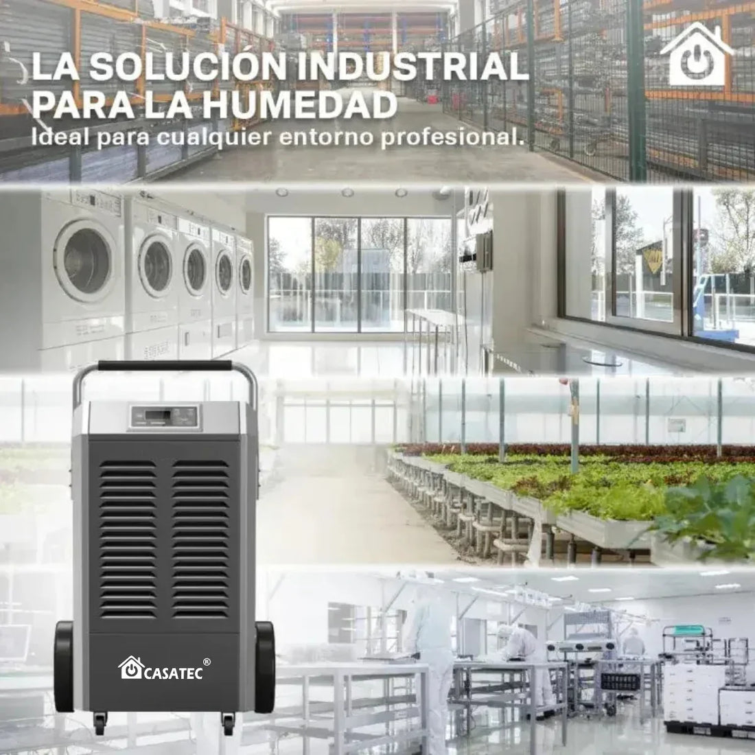 Deshumidificador industrial portátil gris con ruedas y panel digital, gas ecológico R410A.
