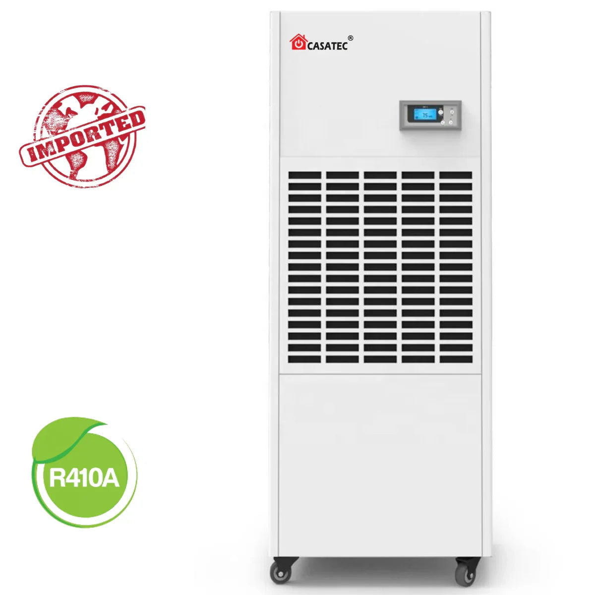 Deshumidificador industrial blanco con ruedas y pantalla digital, gas R410A, sello importado