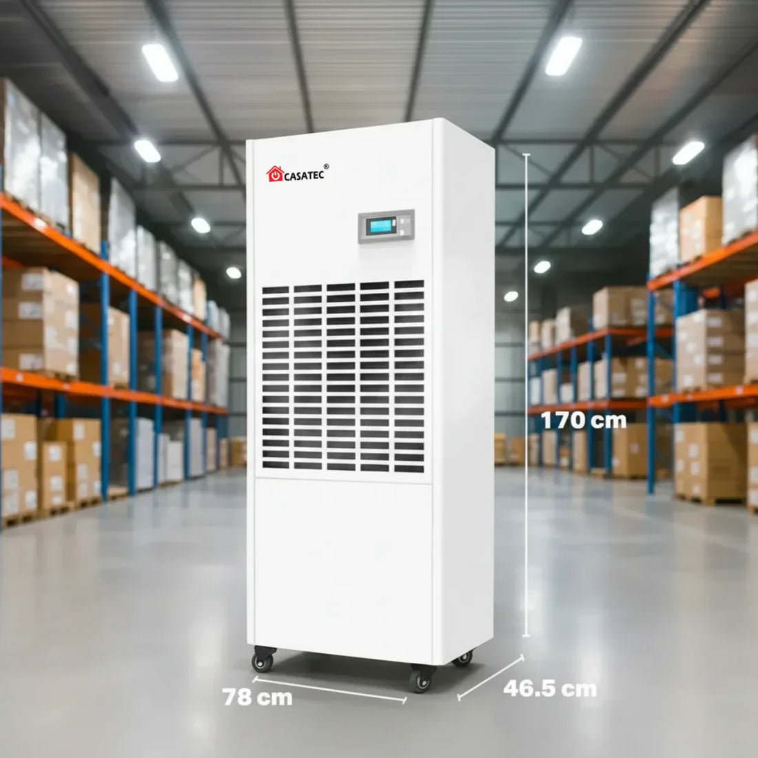 Deshumidificador industrial grande con ruedas, pantalla digital y gas ecológico R410A.