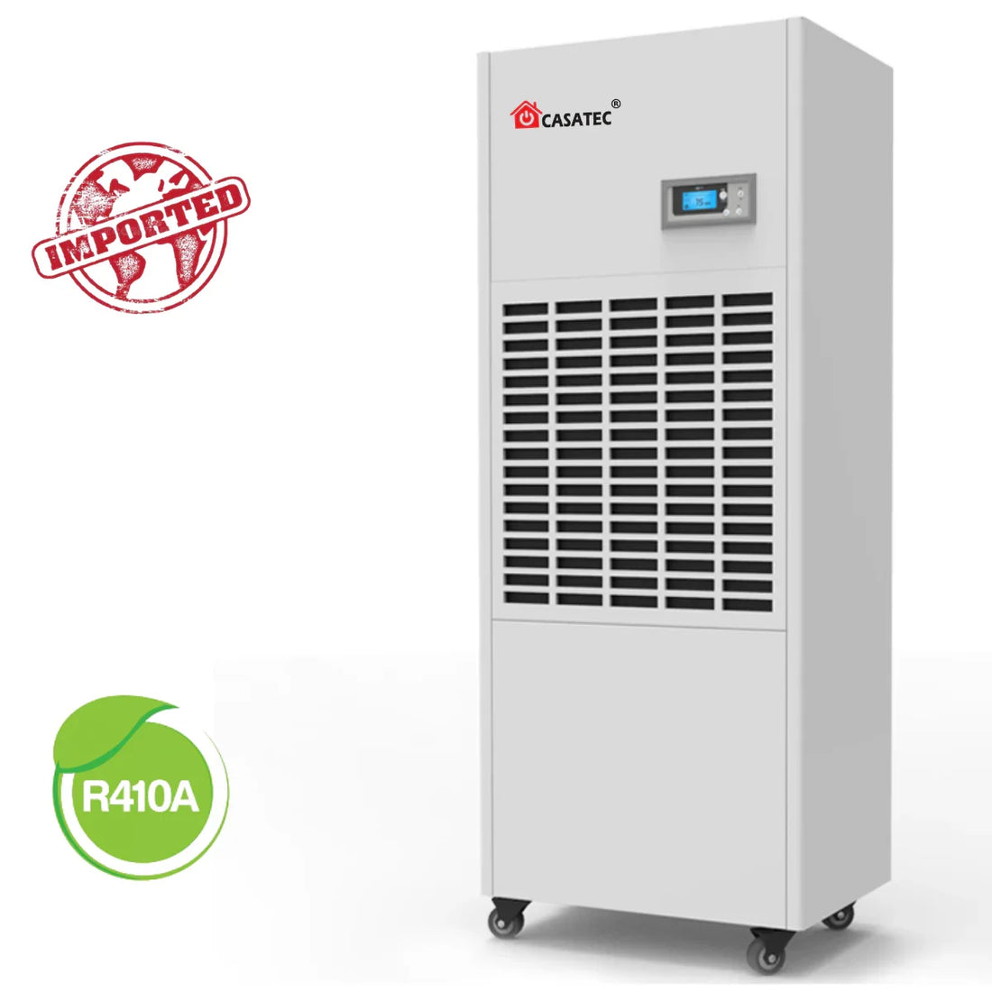 Deshumidificador industrial grande con ruedas, pantalla digital y gas ecológico R410A.