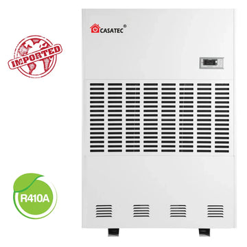 Deshumidificador industrial de gran capacidad con gas ecológico R410A, frontal blanco, etiqueta 'Imported'.