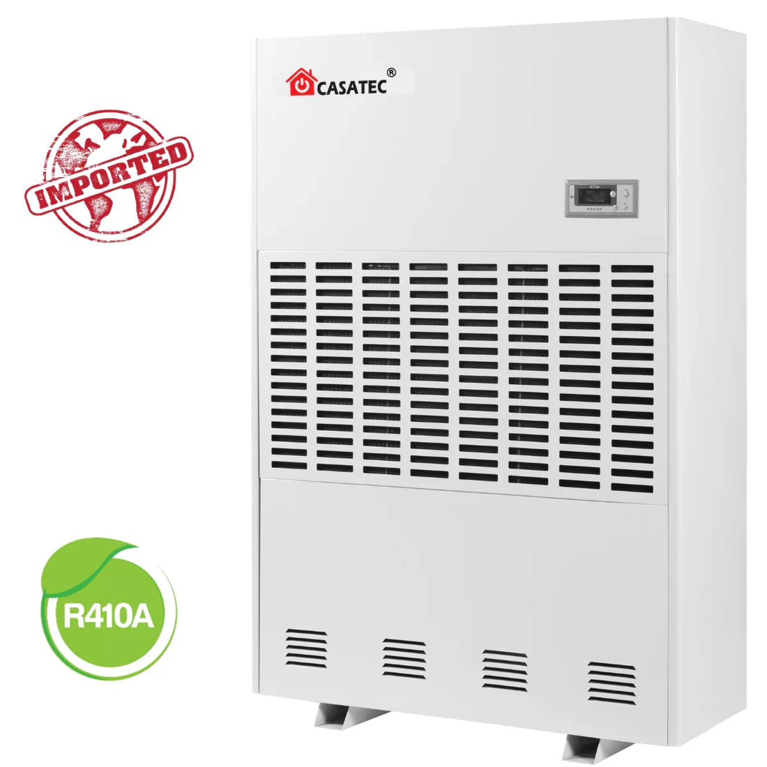 Deshumidificador industrial blanco con panel digital, refrigerante R410A y sello importado
