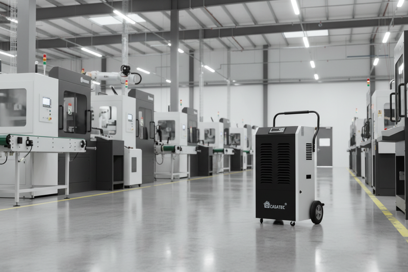 Deshumidificador industrial funcionando en una planta de producción para controlar la humedad y proteger los procesos industriales