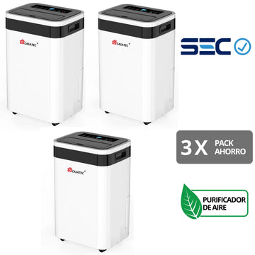 Pack de 3 deshumidificadores blancos con purificador de aire y certificación SEC