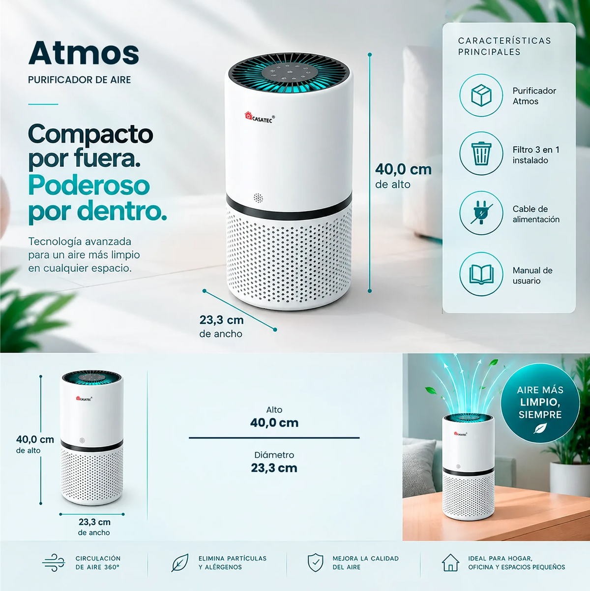 Purificador de Aire Atmos 360 Pro HEPA 13 + Wifi