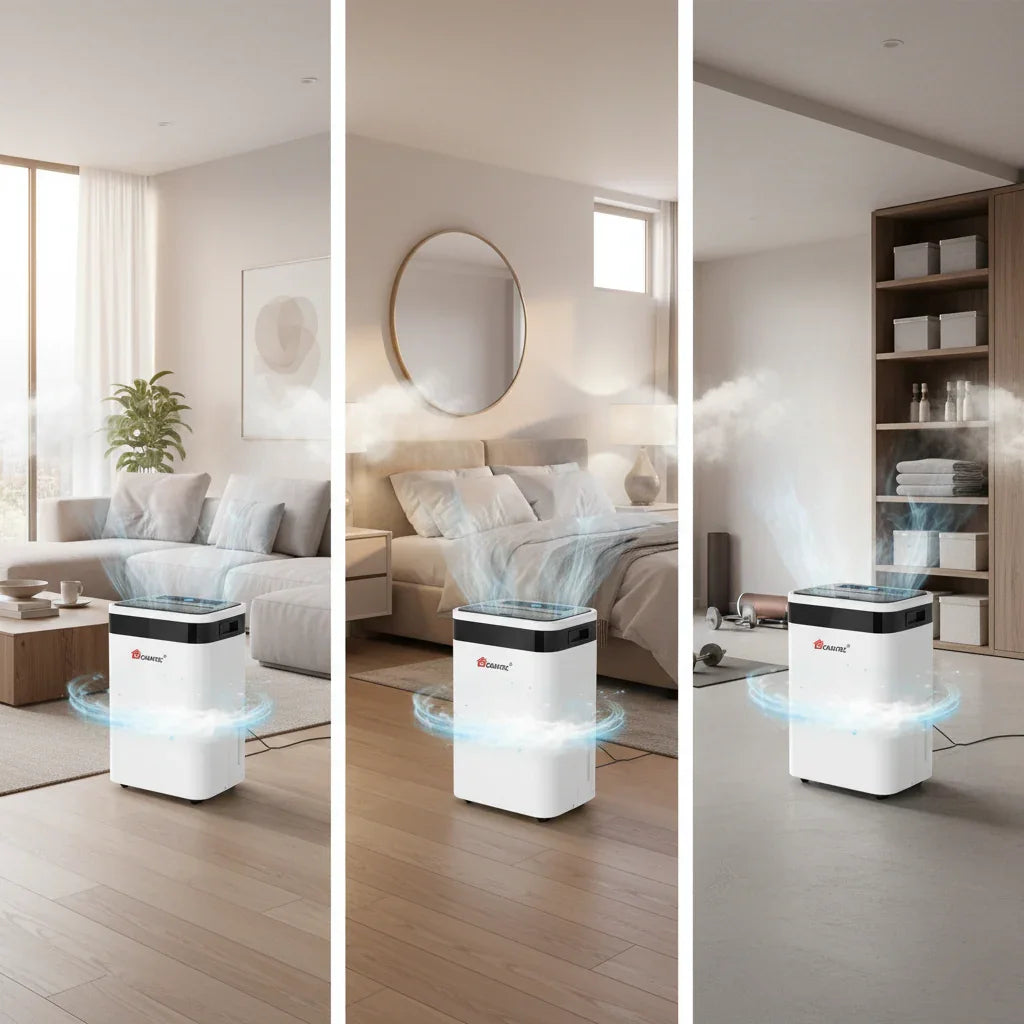 Pack de 3 deshumidificadores inteligentes en sala, dormitorio y baño modernos