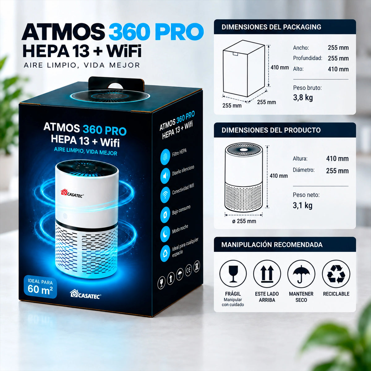 Purificador de Aire Atmos 360 Pro HEPA 13 + Wifi