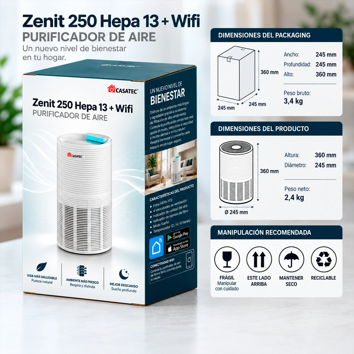 Purificador de Aire Zenit 250 HEPA 13 + Wifi