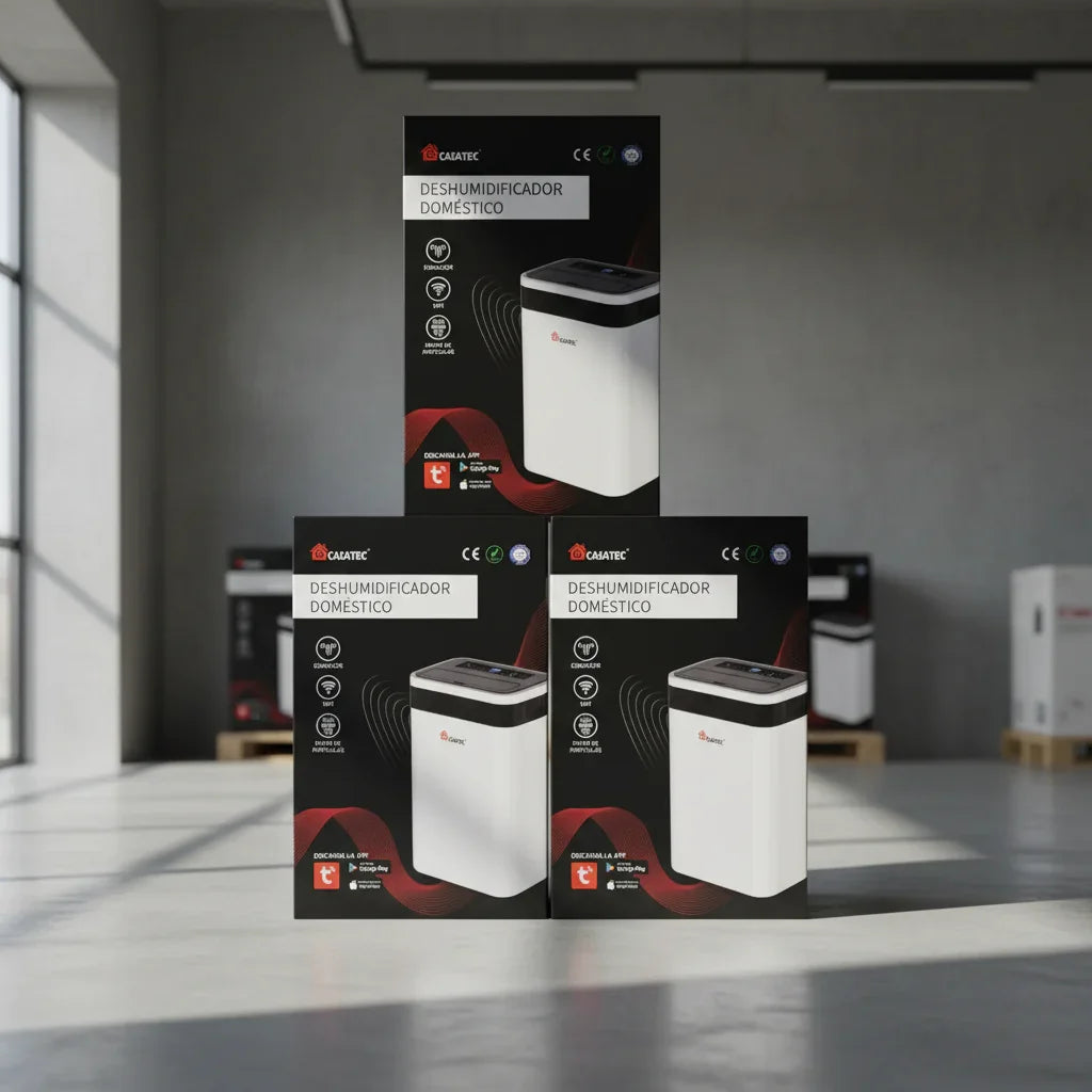 Pack de 3 deshumidificadores domésticos en cajas, ambiente moderno y luminoso