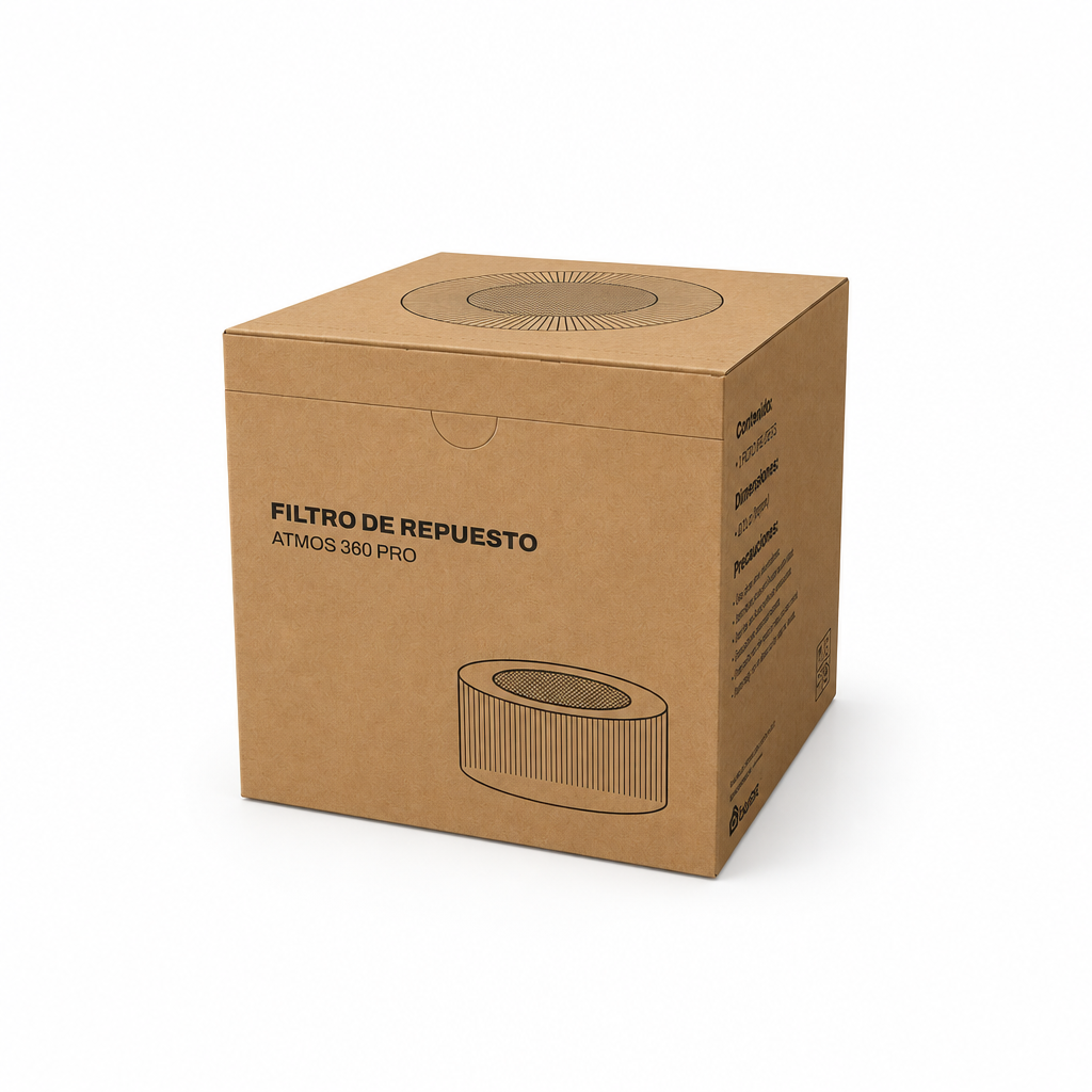 Caja del filtro Atmos 360 Pro con fondo blanco de estudio