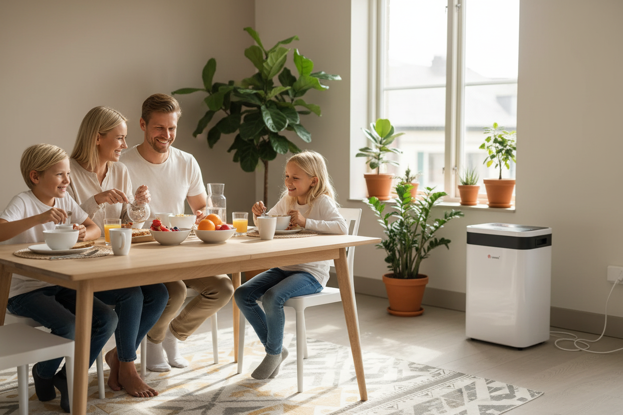 Familia rubia desayunando