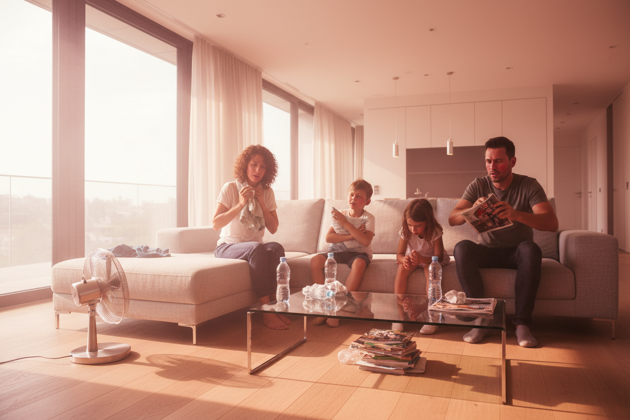 Family struggling during heatwave