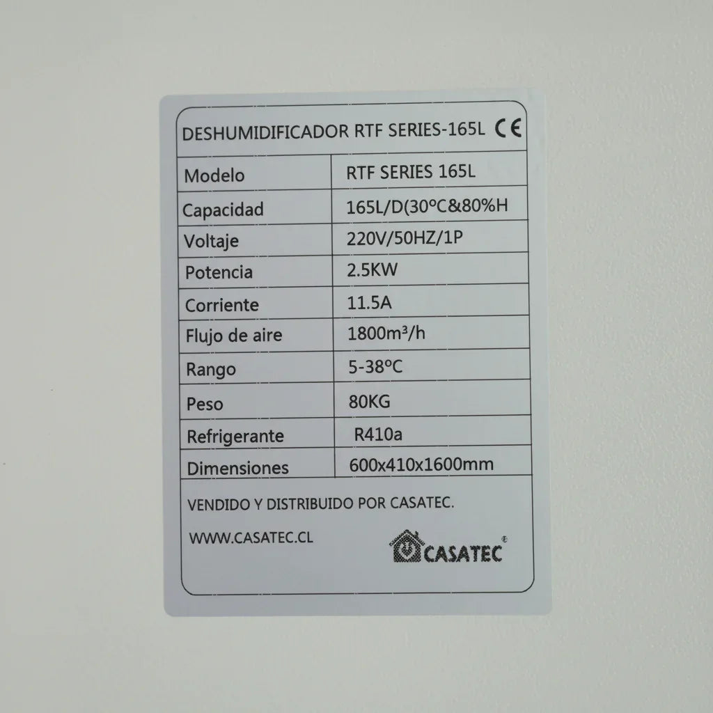 Información técnica deshumidificador industrial rtf series 165l Casatec
