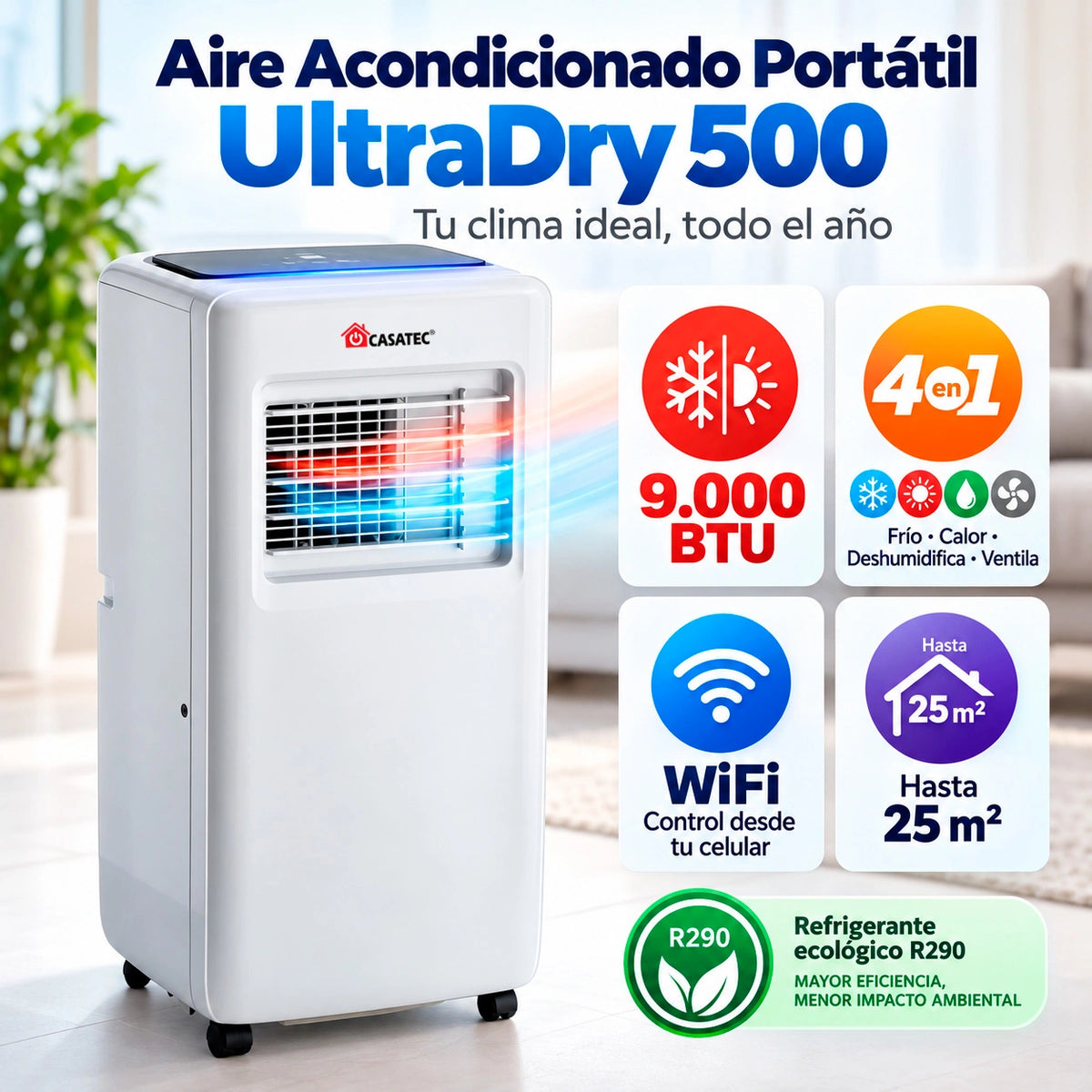Aire Acondicionado ULTRADRY 500 | Portátil 4 en 1, 9000 BTU WIFI + Kit de 190 cm
