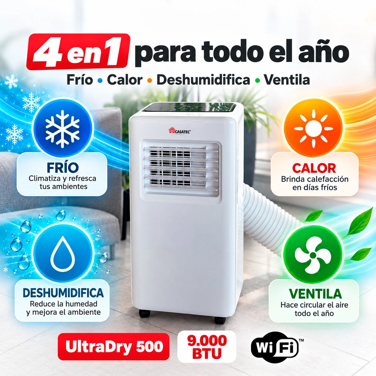 Aire Acondicionado ULTRADRY 500 | Portátil 4 en 1, 9000 BTU WIFI + Kit de 190 cm