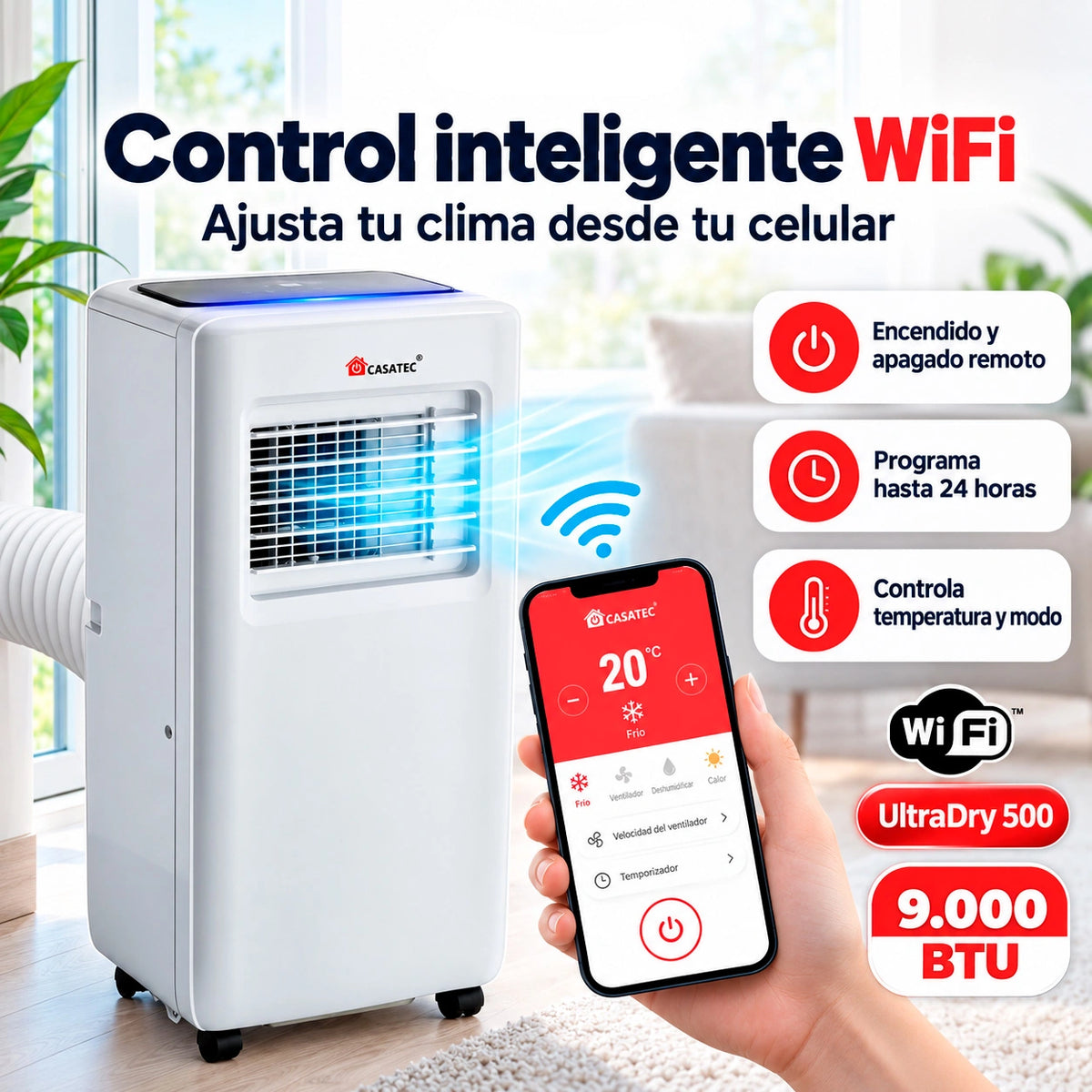 Aire Acondicionado ULTRADRY 500 | Portátil 4 en 1, 9000 BTU WIFI + Kit de 190 cm