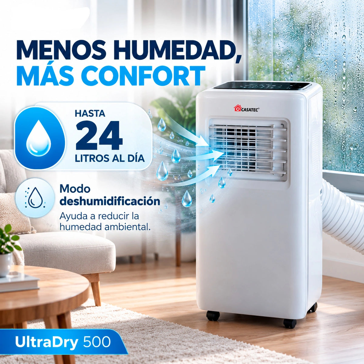 Aire Acondicionado ULTRADRY 500 | Portátil 4 en 1, 9000 BTU WIFI + Kit de 190 cm
