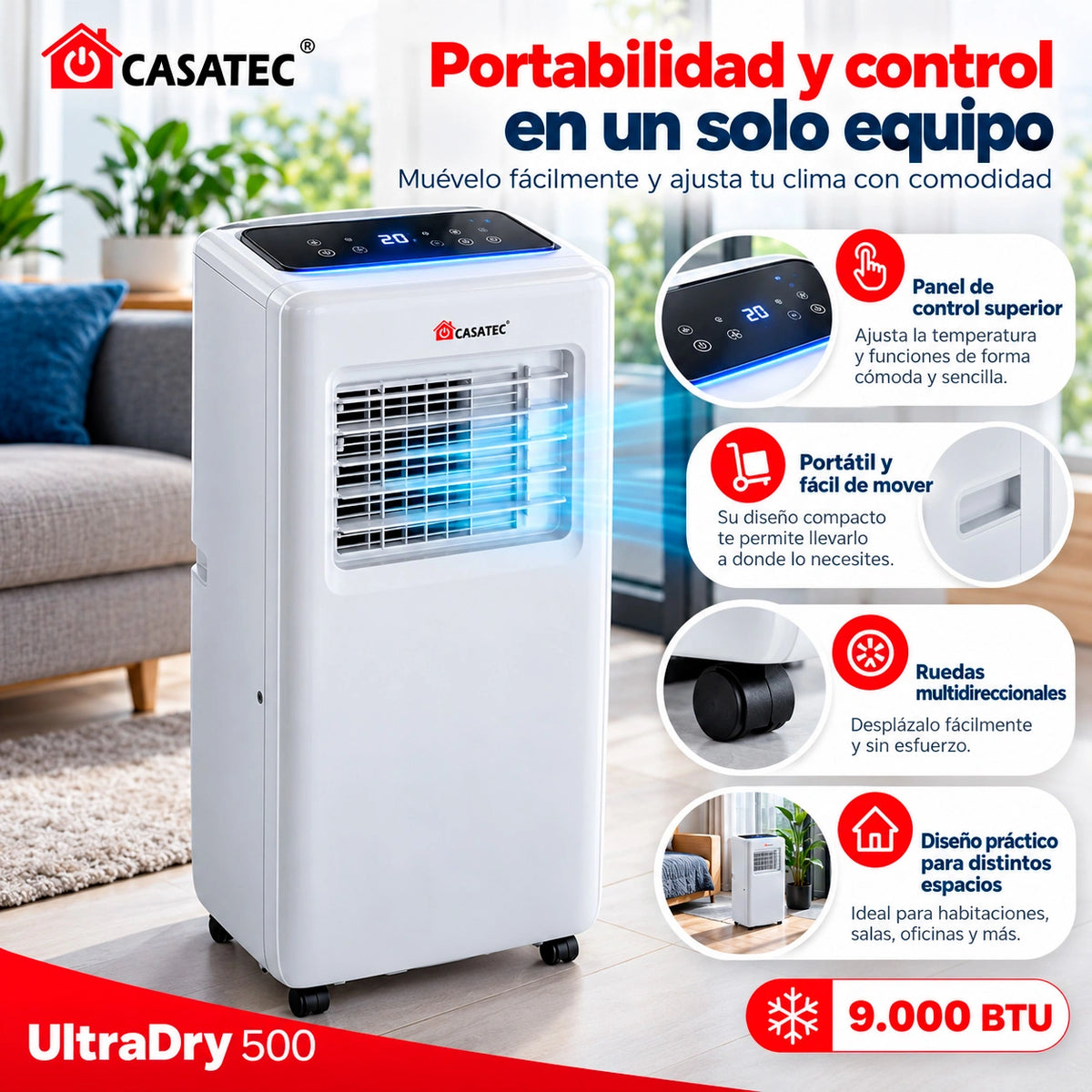 Aire Acondicionado ULTRADRY 500 | Portátil 4 en 1, 9000 BTU WIFI + Kit de 190 cm