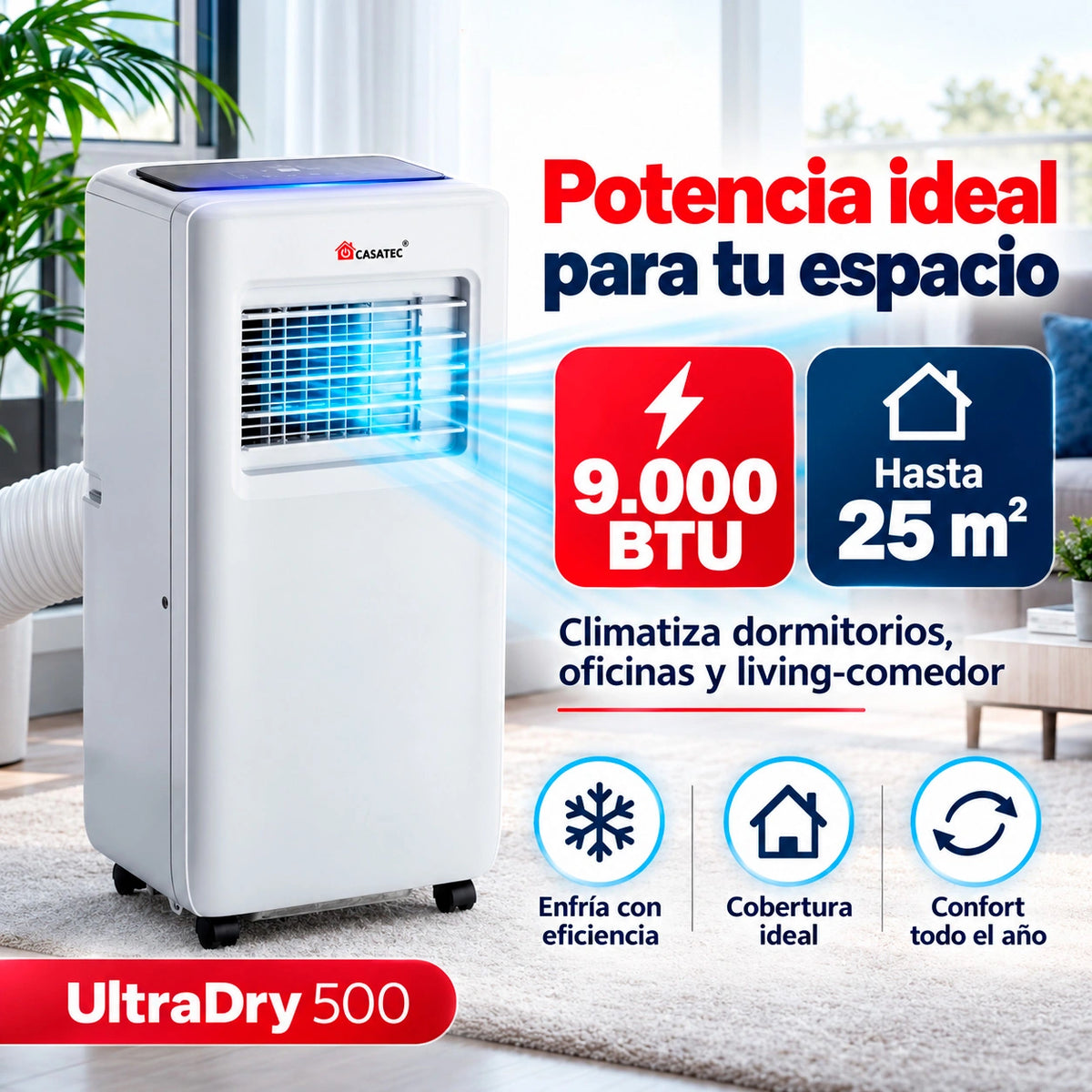 Aire Acondicionado ULTRADRY 500 | Portátil 4 en 1, 9000 BTU WIFI + Kit de 190 cm